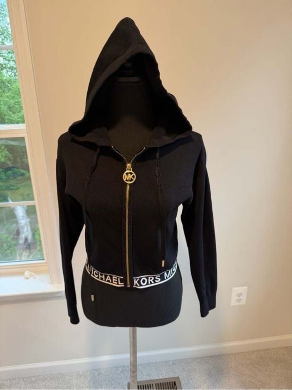 Michael Kors Black Hooded Zip-Up Jacket Gold Logo XS